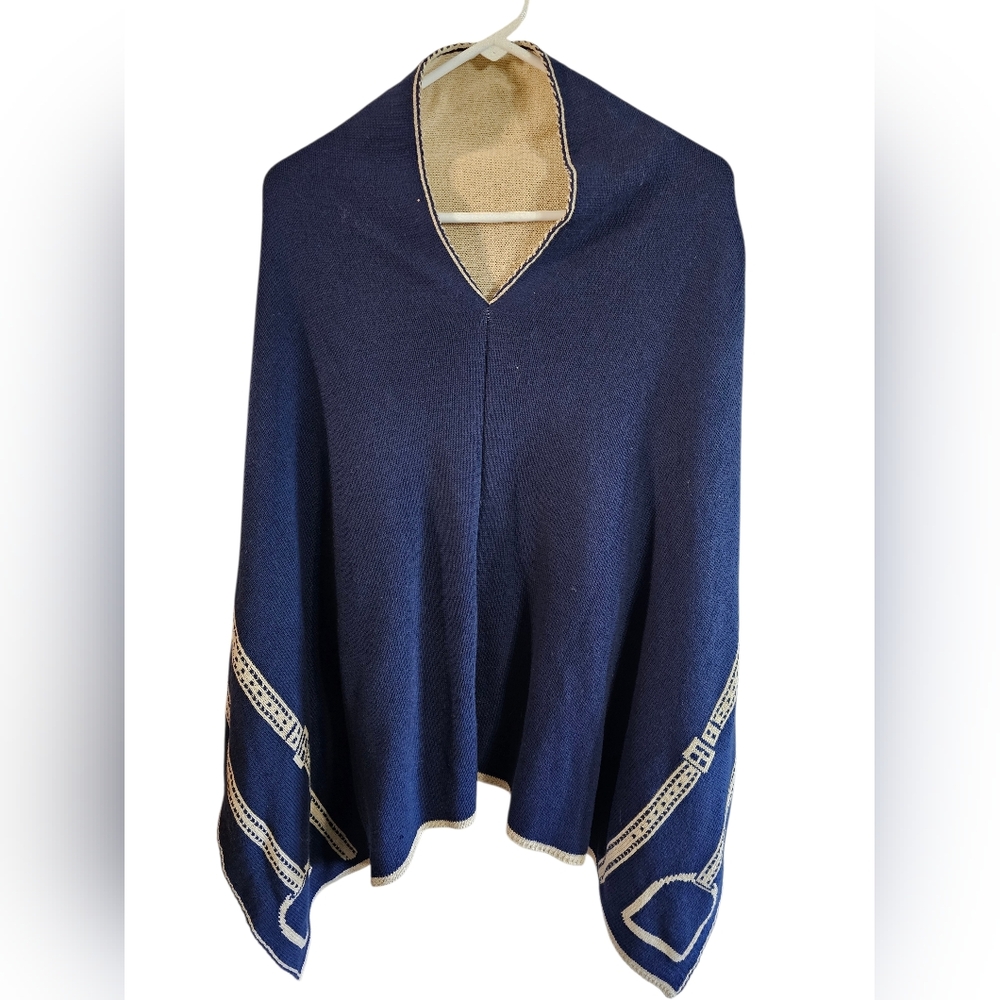 In2Green Womens Navy Tan Recycled Cotton Knit Poncho Belt Print Wrap Cape USA - Picture 2 of 8